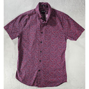XS Express Men’s Slim Red & Blue Floral Micro Print Button Up Short Sleeve Shirt